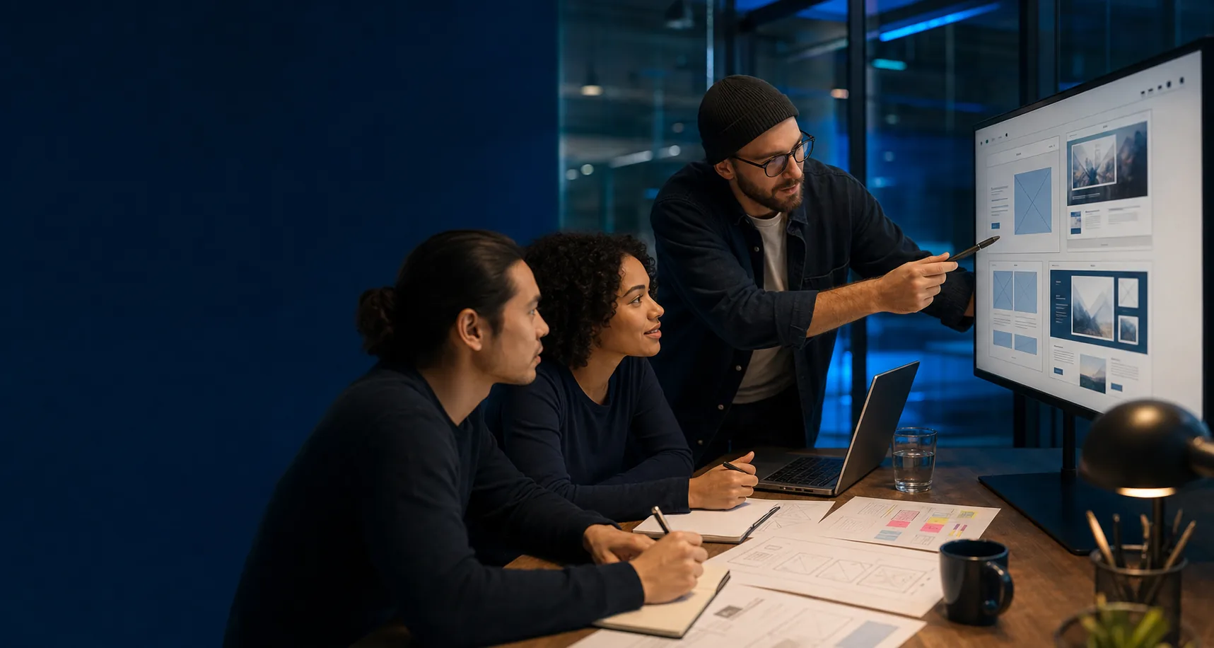 Equipo diseñando la estructura y experiencia de un sitio web